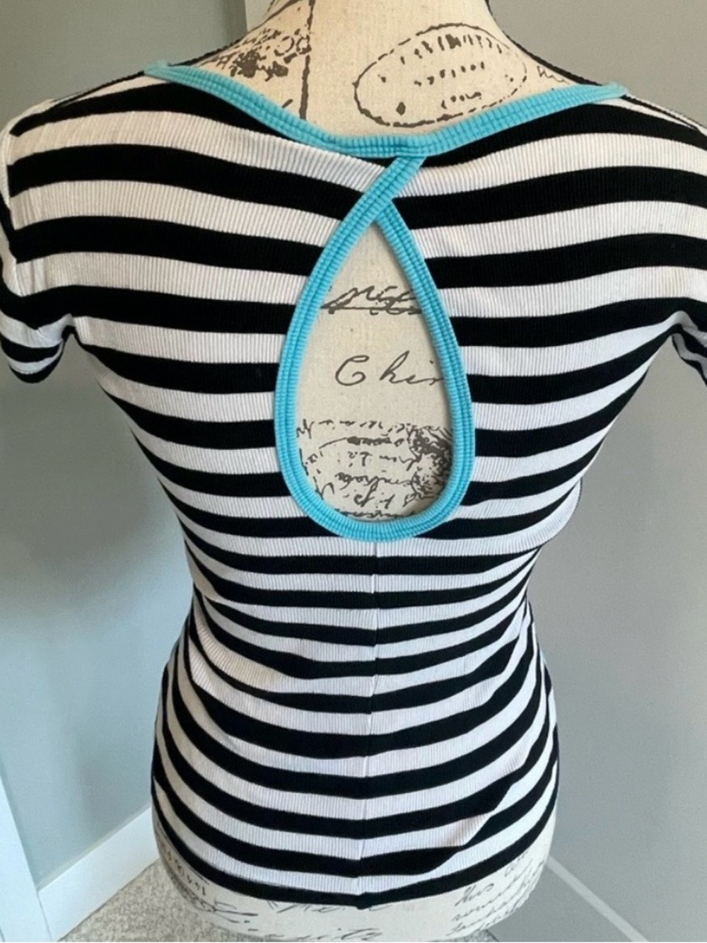 Bebe Black and White Striped V-Neck Tee with Blue Trim and Matching Shorts.